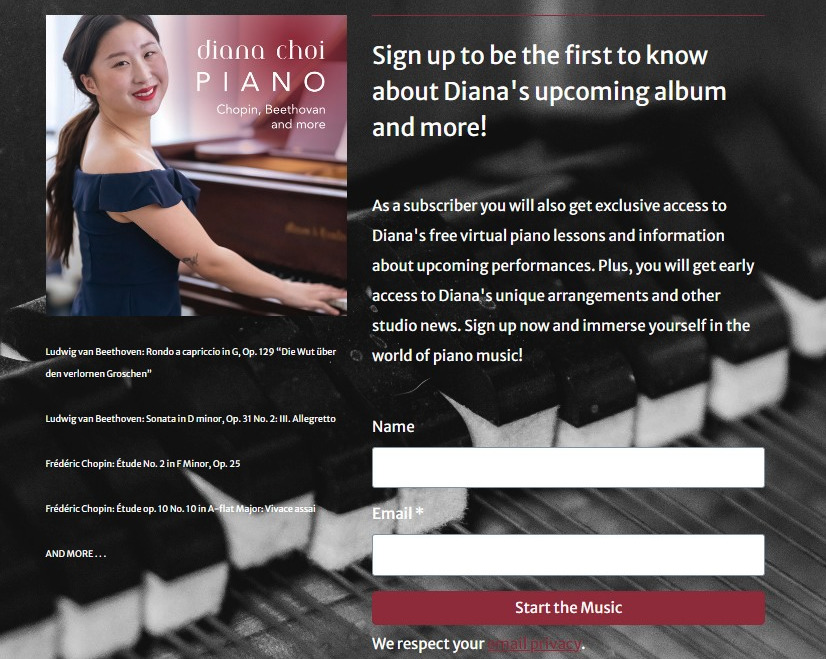 pianist Diana Choi promoting exclusive content for people who sign up for her email list